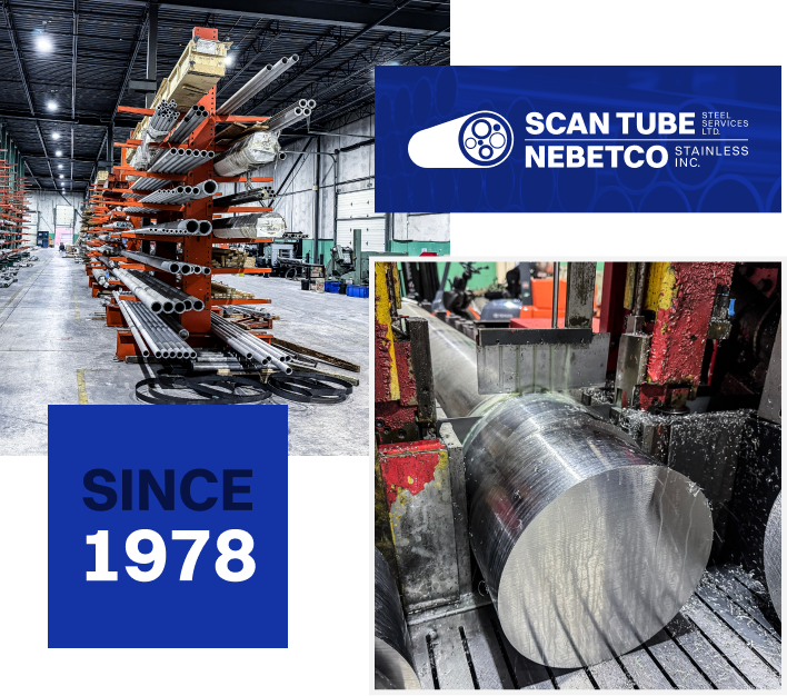 An image containing photos of the Scan Tube Steel logo, warehouse, and its established in 1978