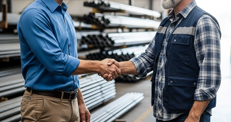 Two men shaking hands in a warehouse with stainless steel products